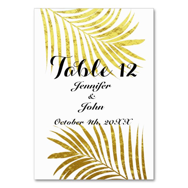 Palm Tree Foliage Gold Foil Leaves Wedding White Table Number (Front)