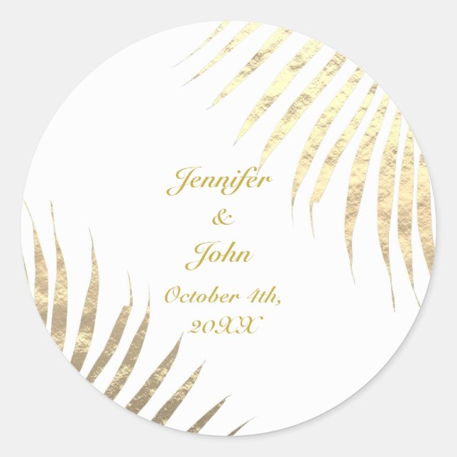 Palm Tree Foliage Gold Foil Leaves Weddings 2023 Classic Round Sticker (Front)