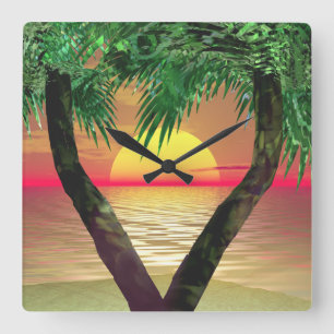 Palm Tree Framing a Sunset Square Wall Clock
