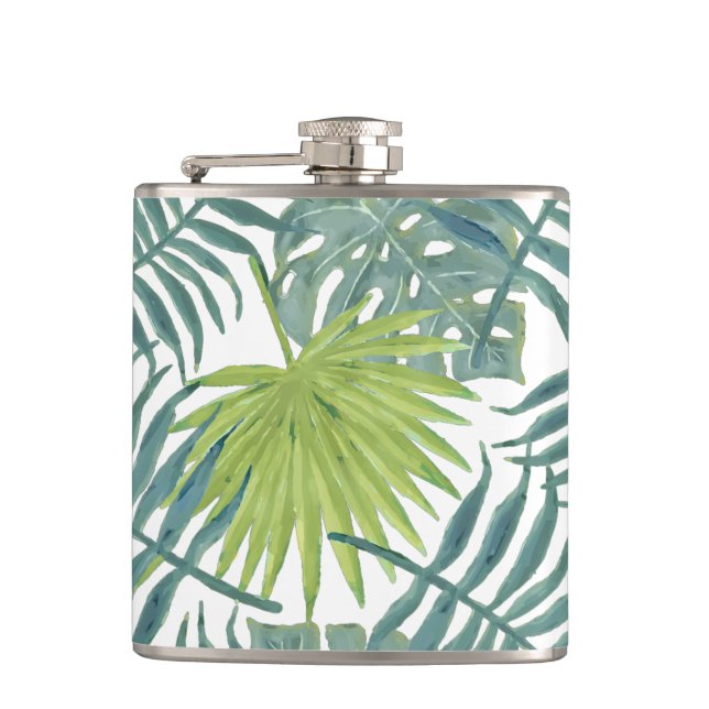 Palm Tree Fronds Painting Hawaiian Hip Flask (Front)