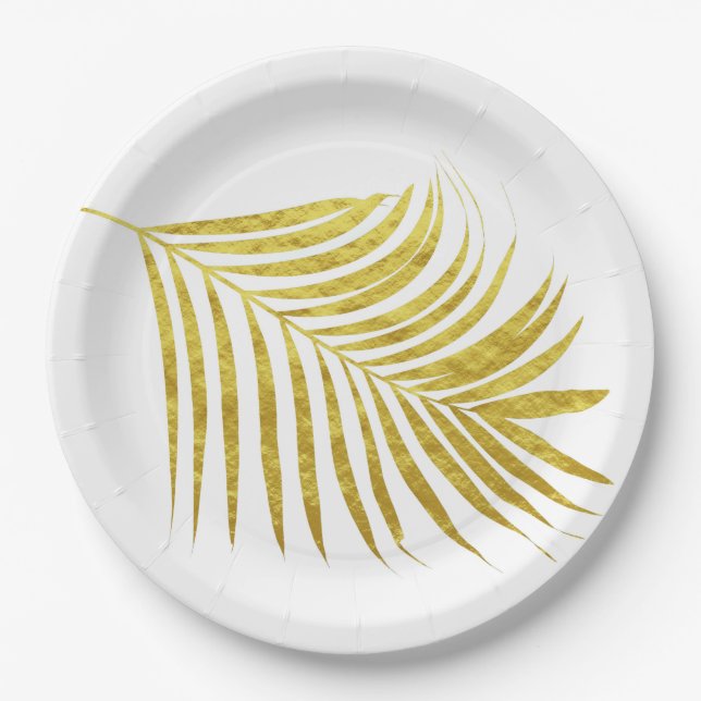 Palm Tree Gold Foil Leaves Glittery Unique White Paper Plate (Front)