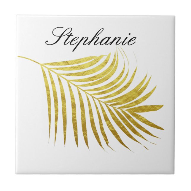 Palm Tree Gold Foil Leaves Name Unique Glittery Ceramic Tile (Front)