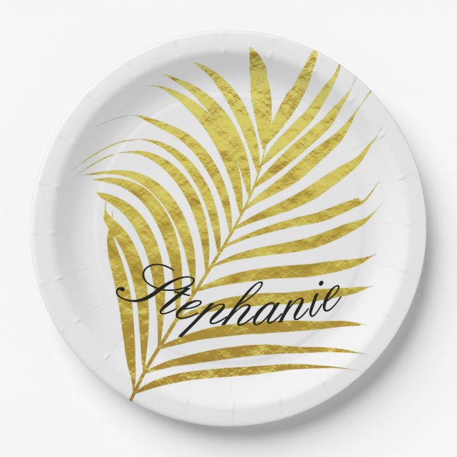 Palm Tree Gold Foil Leaves Name Unique Glittery Paper Plate (Front)