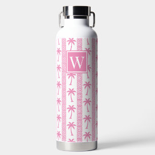 Palm Tree Greek Key Stripe – Pink Coastal Preppy Water Bottle