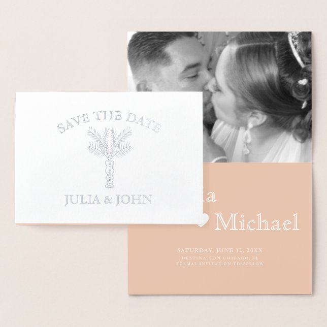 Palm Tree Hand-Drawn Letters Heart Save the Date  Foil Card (Display)