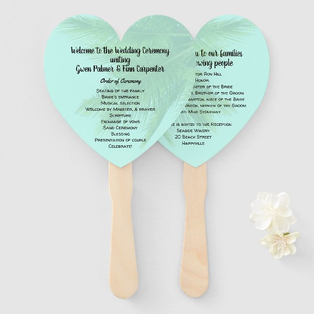Palm Tree Heart-Shaped Wedding Fan Program (Front and Back)