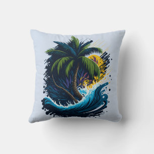 Palm tree in painting style with sea wave cushion