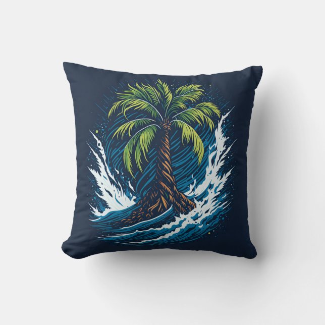 Palm tree in painting style with sea wave cushion (Front)