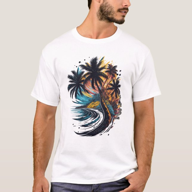 Palm tree in painting style with sea wave T-Shirt (Front)