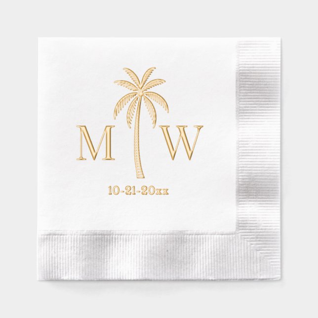 Palm Tree Initial Couple Wedding Monogram Date #5 Foil Napkins (Front)