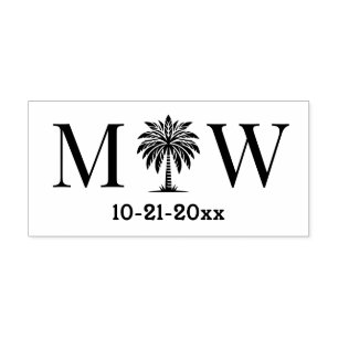 Palm Tree Initial Couple Wedding Monogram Date #6 Self-inking Stamp