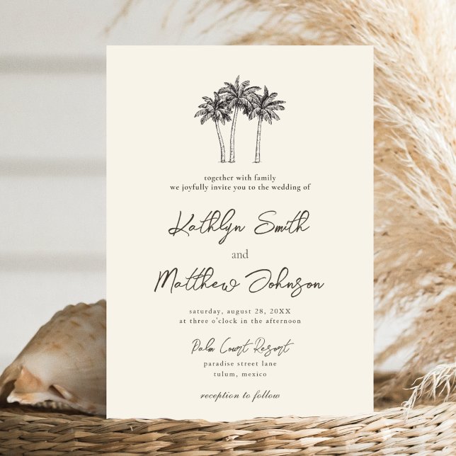 Palm Tree Ivory Minimalist Destination Wedding Invitation (Creator Uploaded)