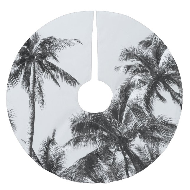 Palm Tree Leaf Black White Brushed Polyester Tree Skirt (Front)