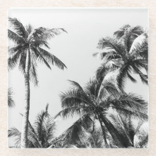 Palm Tree Leaf Black White Glass Coaster