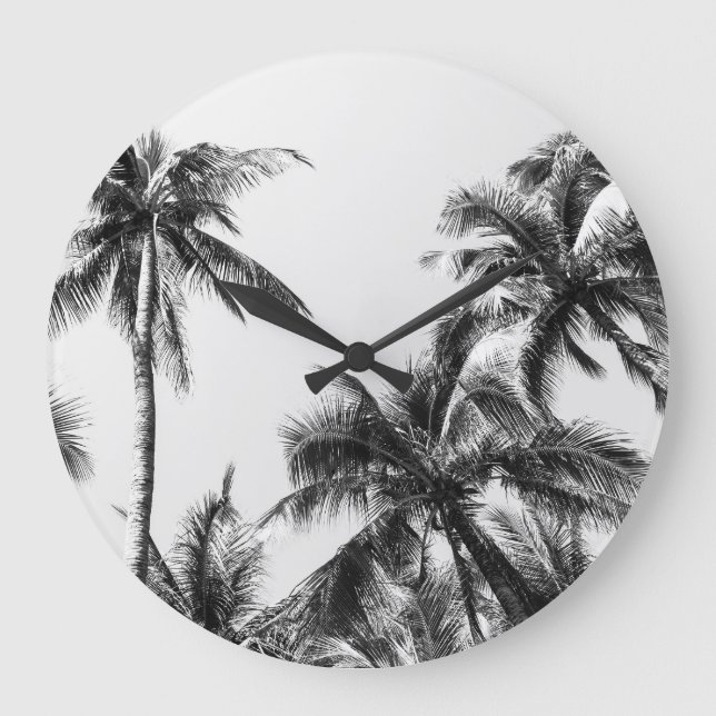Palm Tree Leaf Black White Large Clock (Front)