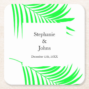 Palm Tree Leaf Green Leaves Elegant Wedding Square Paper Coaster