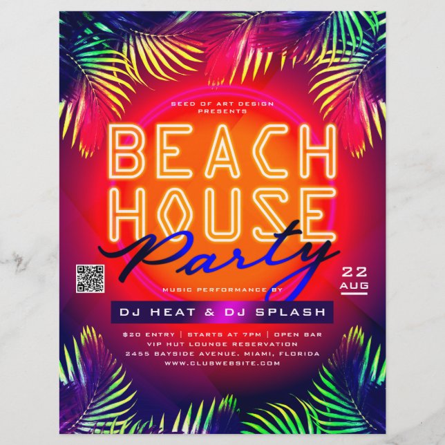 Palm Tree Leaves Beach House Party Club Event Ad Flyer (Front)