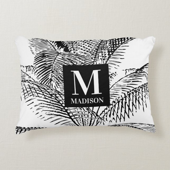 Palm Tree Leaves Black & White Abstract Monogram Decorative Cushion (Front)