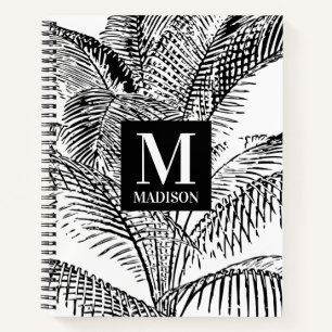 Palm Tree Leaves Black & White Abstract Monogram  Notebook