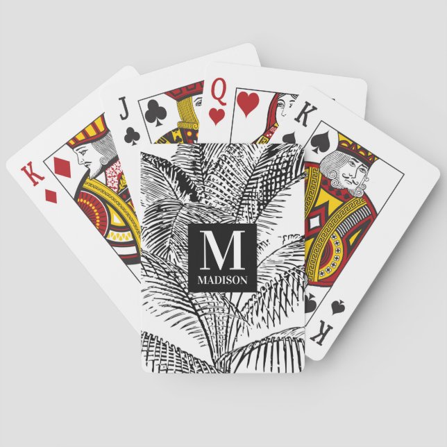 Palm Tree Leaves Black & White Abstract Monogram  Playing Cards (Back)