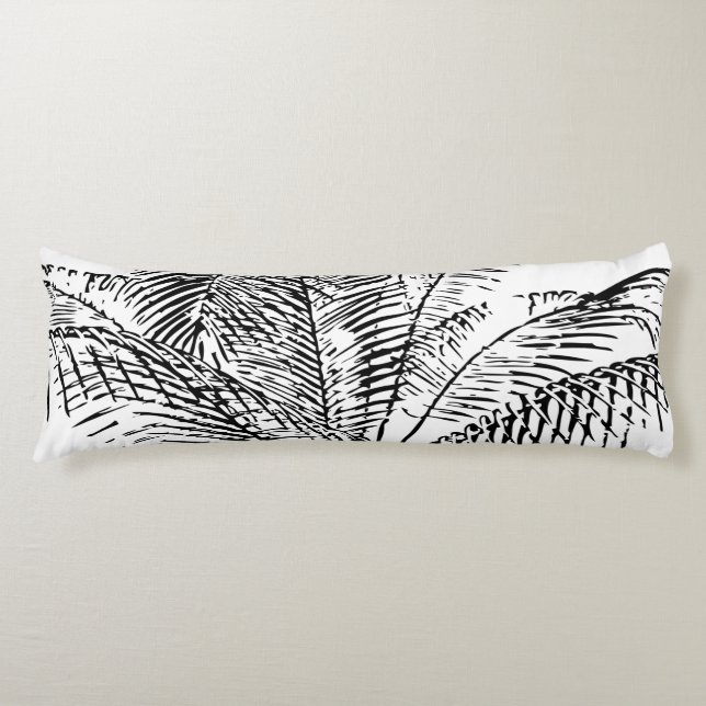 Palm Tree Leaves Black & White Abstract Pattern Body Cushion (Front)