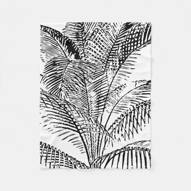 Palm Tree Leaves Black & White Abstract Pattern Fleece Blanket (Front)