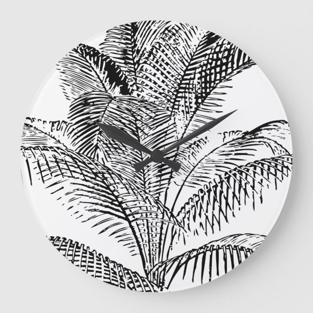 Palm Tree Leaves Black & White Abstract Pattern Large Clock (Front)