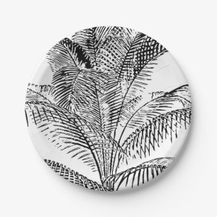 Palm Tree Leaves Black & White Abstract Pattern Paper Plate
