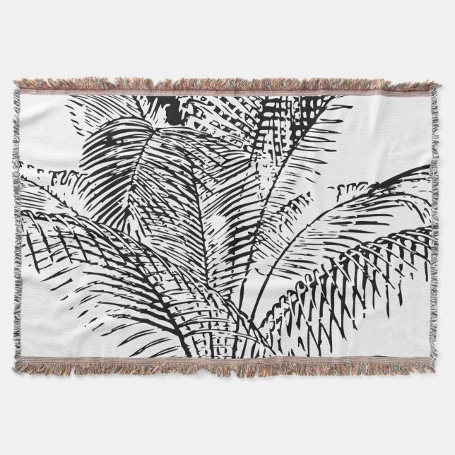 Palm Tree Leaves Black & White Abstract Pattern Throw Blanket (Front)