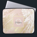 Palm tree leaves pink gold monogram laptop sleeve<br><div class="desc">An elegant,  modern tropical summer abstract pattern.  Rustic rose gold background,  and white palm tree leaves.  Decorated with faux gold brush strokes.  Add your name and monogram letter.</div>