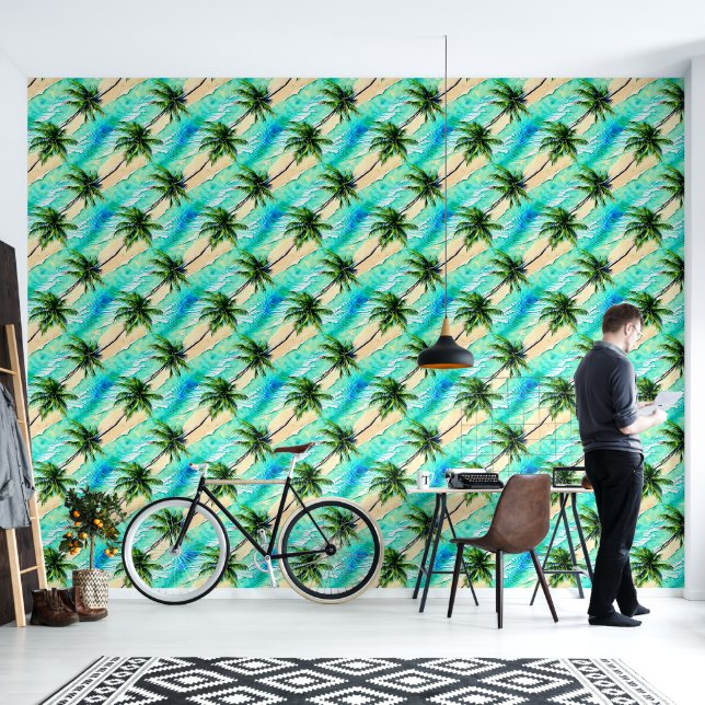 Palm tree leaves turquoise sea nautical pattern wallpaper (Living Room)