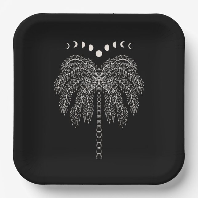 Palm tree line drawing white black moon phases pap paper plate (Front)
