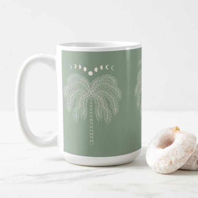 Palm tree line drawing white green moon phases coffee mug (With Donut)