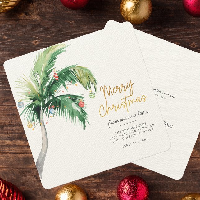 Palm Tree Merry Christmas From Our New Home Announcement (Christmas Holiday Coastal Moving Palm Tree Announcement Luxury Card)