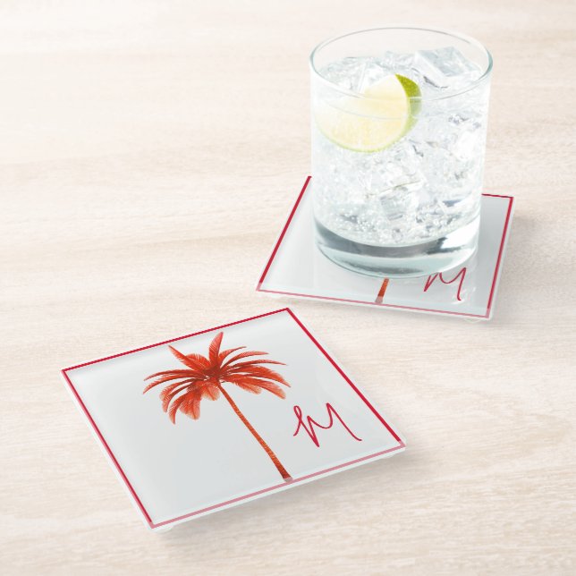 Palm Tree Modern Red frame Tropical Monogram Glass Coaster (Angled)