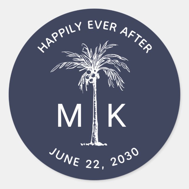 Palm Tree Monogram Navy Blue Tropical Wedding Classic Round Sticker (Front)