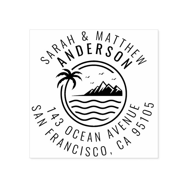 Palm Tree, Mountain & Ocean Married Couple Address Rubber Stamp (Imprint)