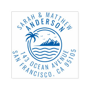 Palm Tree, Mountain & Ocean Married Couple Address Self-inking Stamp