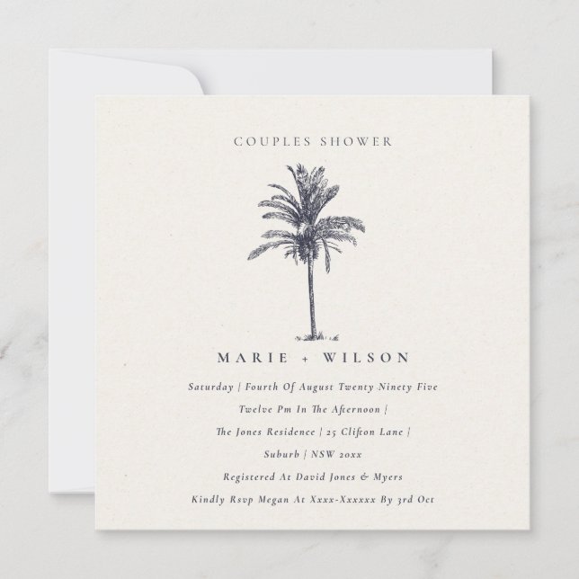 Palm Tree Navy Kraft Couples Shower Invite (Front)