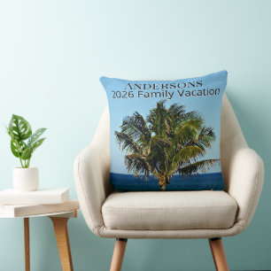 Palm Tree & Ocean Photo Custom Family Name/Year Cushion
