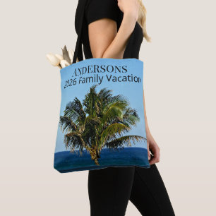 Palm Tree & Ocean Photo Family Name + Year Tote Bag