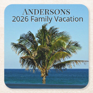 Palm Tree Ocean View   Family Name & Trip Year Square Paper Coaster