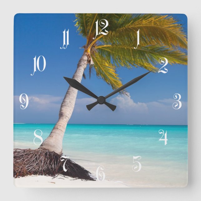 Palm tree on the beautiful white sand beach square wall clock (Front)
