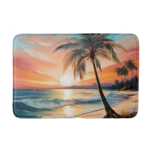 Palm Tree On Tropical Beach At Sunset Bath Mat