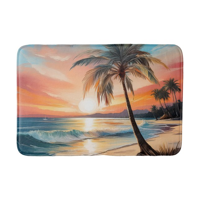 Palm Tree On Tropical Beach At Sunset Bath Mat (Front)
