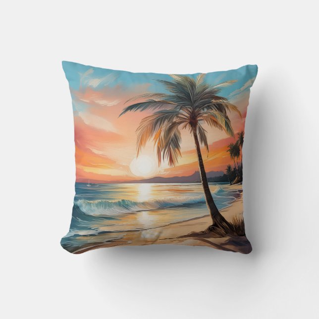 Palm Tree On Tropical Beach At Sunset Cushion (Front)