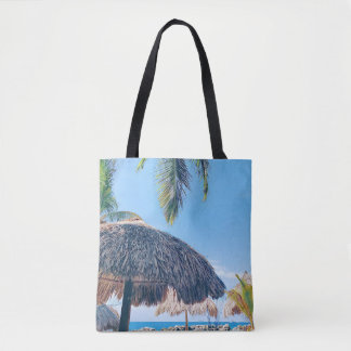 Palm Tree, Palapa & Blue sky on Curacao Beach Tote Bag