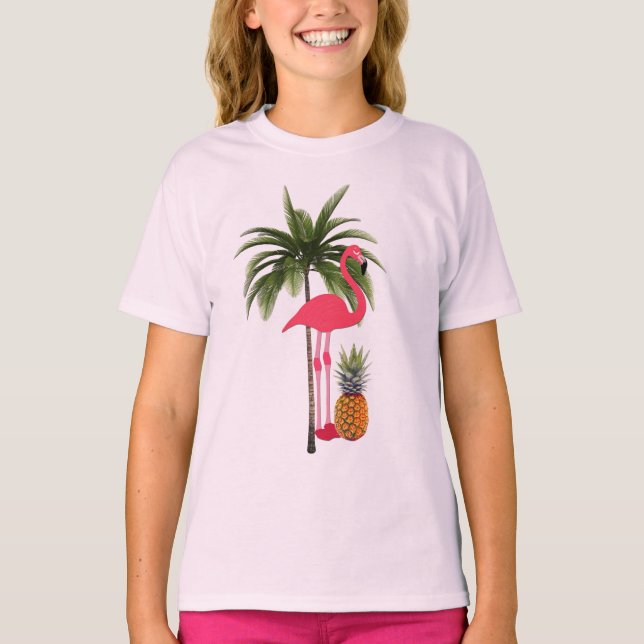 Palm Tree, Pink Flamingo, Pineapple Girl's T-Shirt (Front)