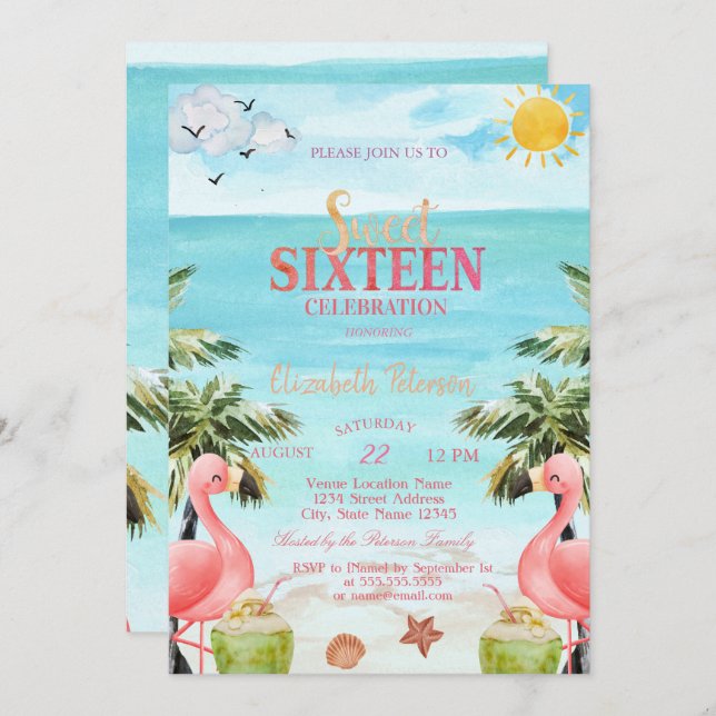 Palm Tree Pink Flamingos Tropical  Invitation (Front/Back)