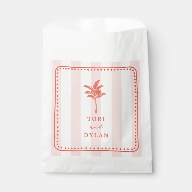 Palm Tree Pink Striped Tropical Beach Wedding Favour Bag (Front)